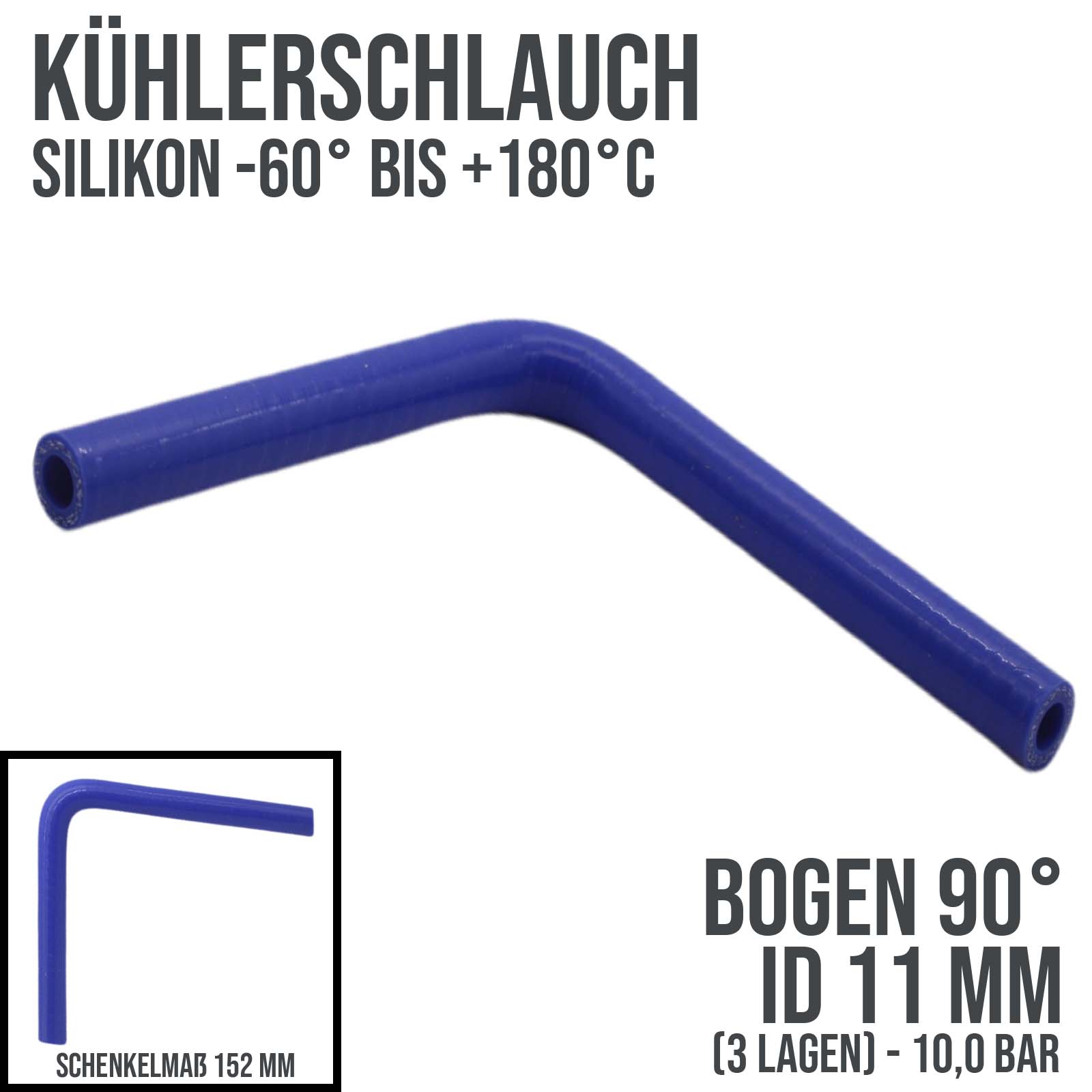 11 x 19 mm Kühlerschlauch Silikon Bogen 90° LLK Ladeluft Kühlmittel Schlauch universal blau (10 bar) - 152mm