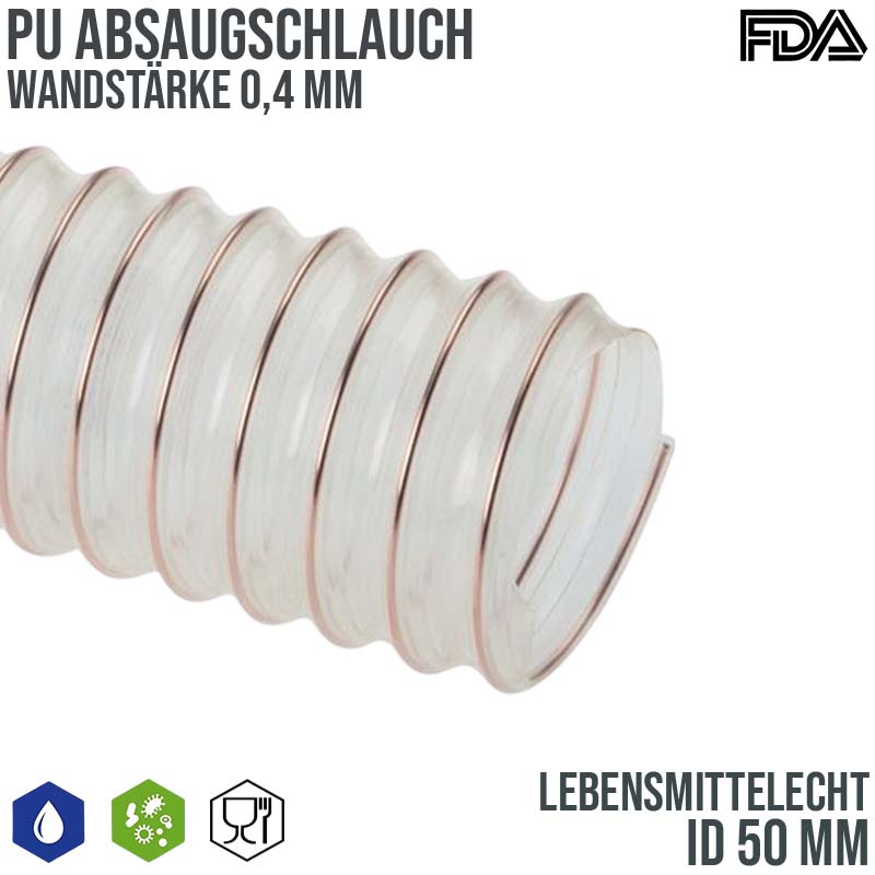 50 mm PU Saug Ansaug Druck Spiral Flex FDA Lebensmittel Schlauch - Wandstärke 0,4 mm  - PN 0,40 bar