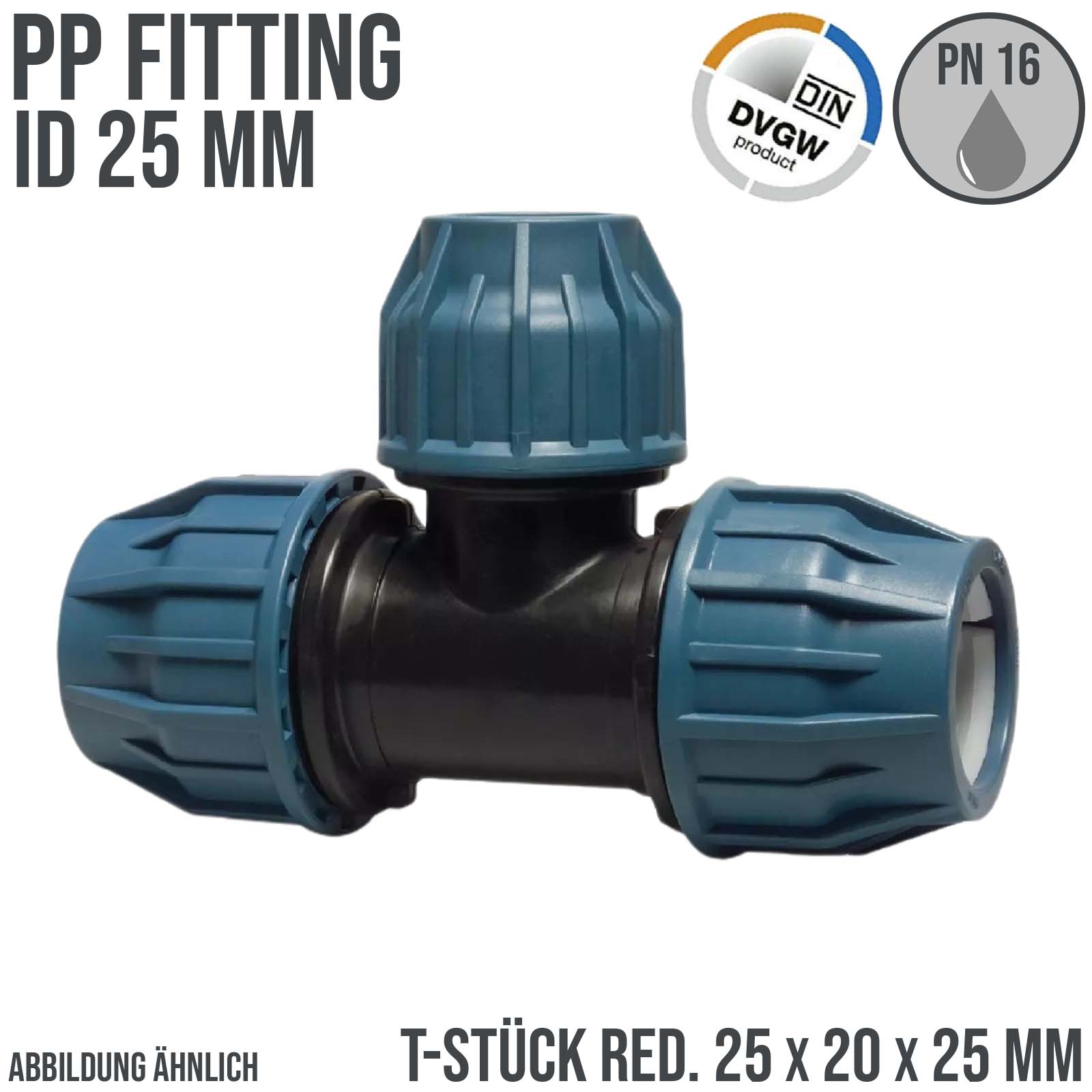 25 x 20 x 25 mm PE PP Fitting Klemm Verbinder Verschraubung Muffe reduziert T-Stück 90° DVGW - PN 16 bar