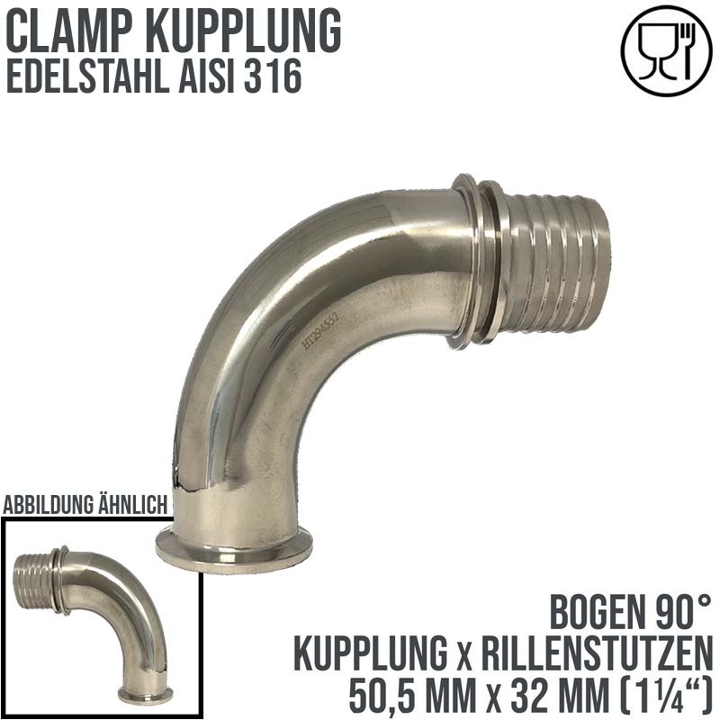 CLAMP Kupplung 90° Bogen 50,5 mm Schlauch Stutzen Tülle Rillen 32 mm 1 1/4" - PN 16 bar