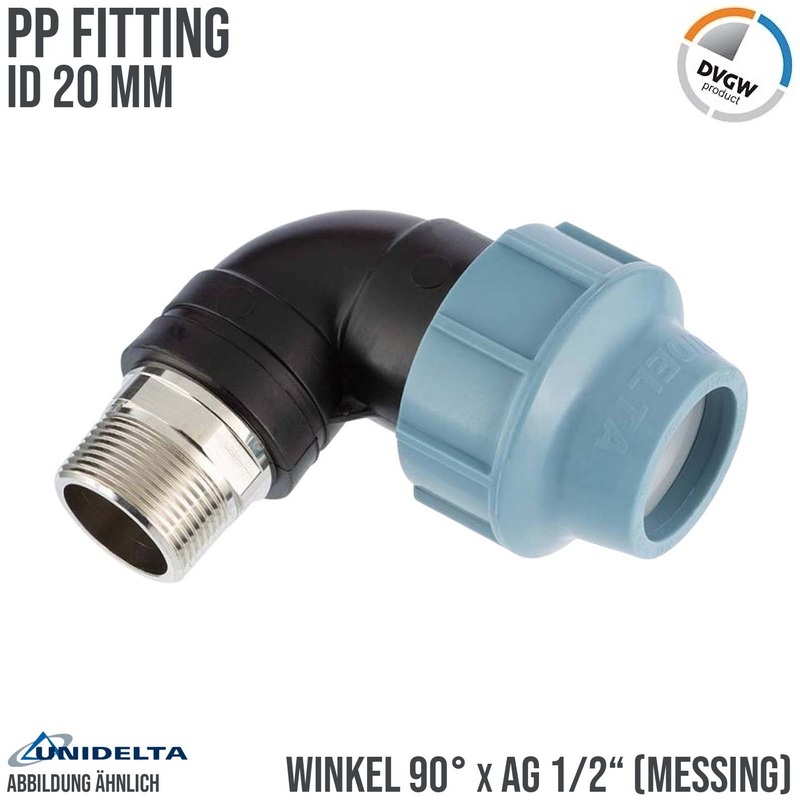 20 mm x 1/2" PE PP Fitting Klemm Verbinder Rohr Winkel 90° x Messing AG DVGW - Unidelta