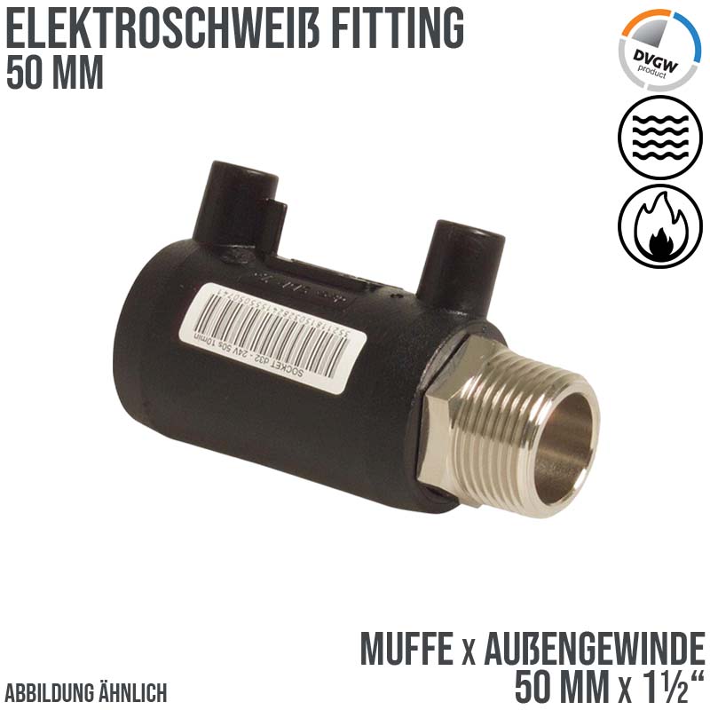 50 mm PE 100 Elektro Schweiß Fitting Muffe x Außengewinde 50 mm x 1 1/2" SDR 7,4 DVGW 24 VAC schwarz