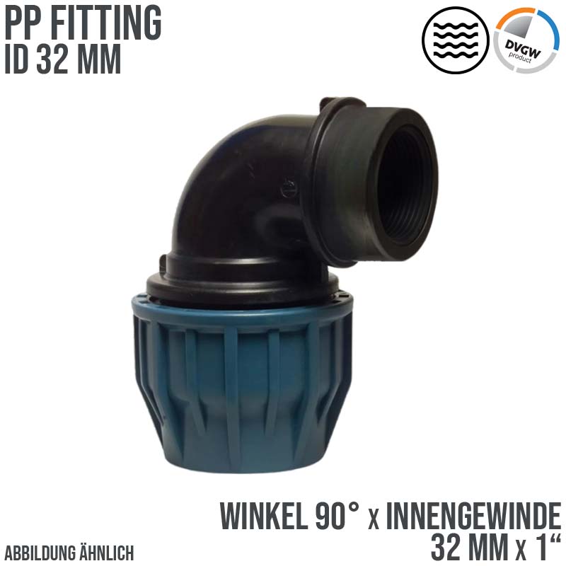 32 mm x 1" PE PP Fitting Klemm Verbinder Verschraubung Rohr Winkel 90° x IG DVGW - PN 16 bar