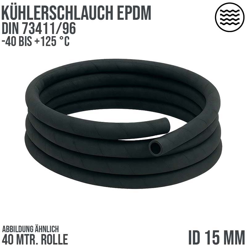 15 x 22 mm Kühler Heißwasser Druckluft Mittel Schlauch EPDM schwarz DIN 73411/96 - PN 6 bar - 40 m