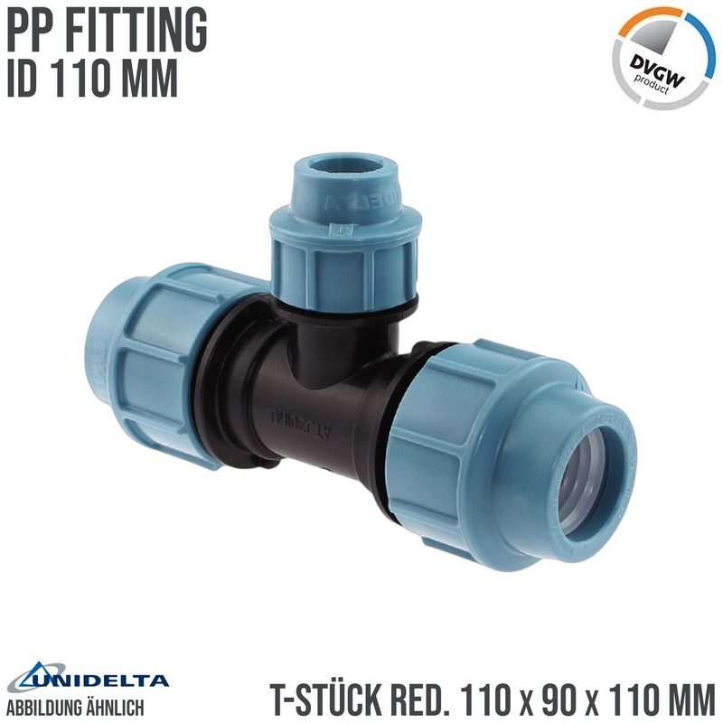 110 x 90 x 110 mm PE PP Fitting Klemm Verbinder Verschraubung Muffe reduziert T-Stück 90° DVGW - Unidelta