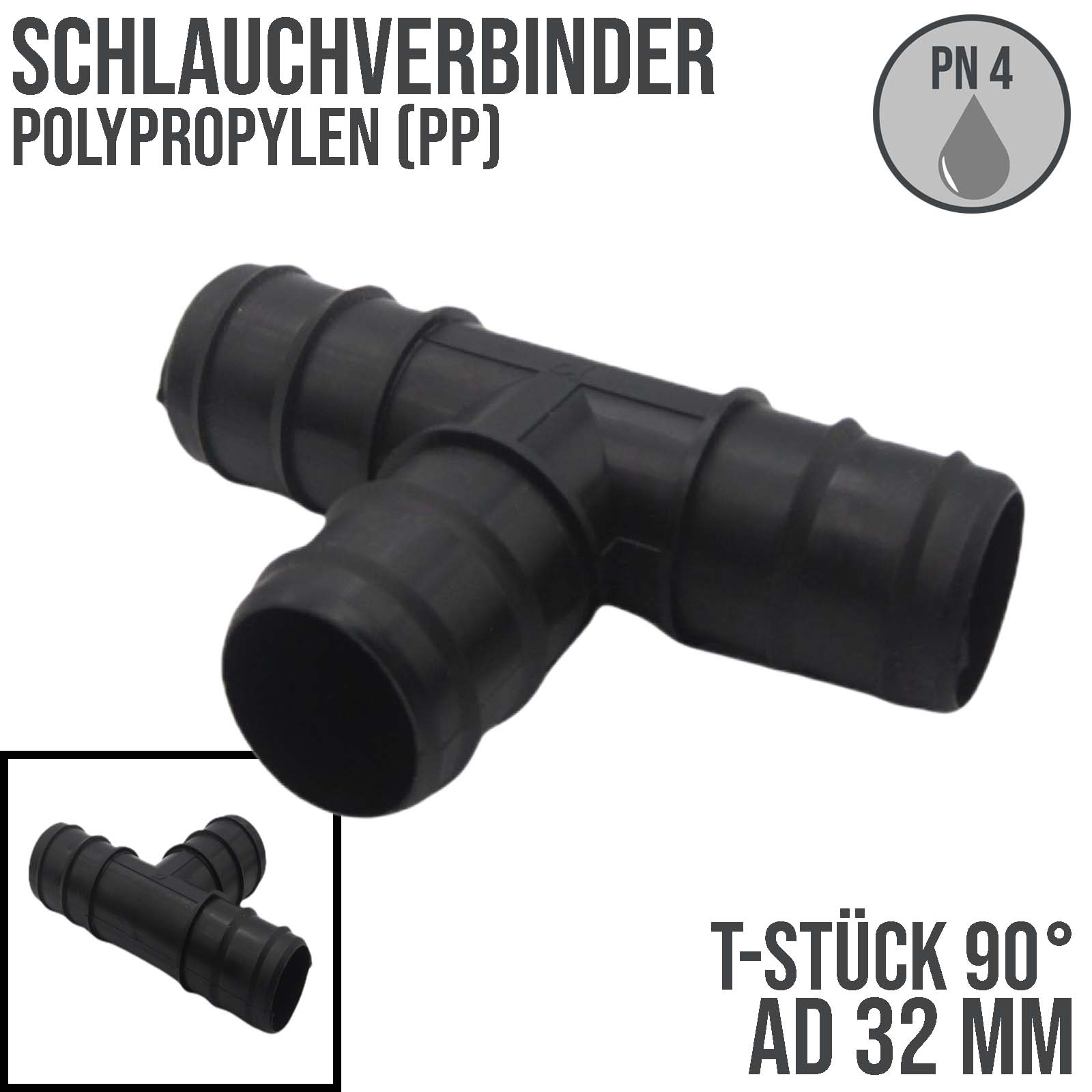 32 mm T-Stück PP Schlauch Tülle Stutzen Verbinder Pool Schlauch schwarz - PN 4 bar