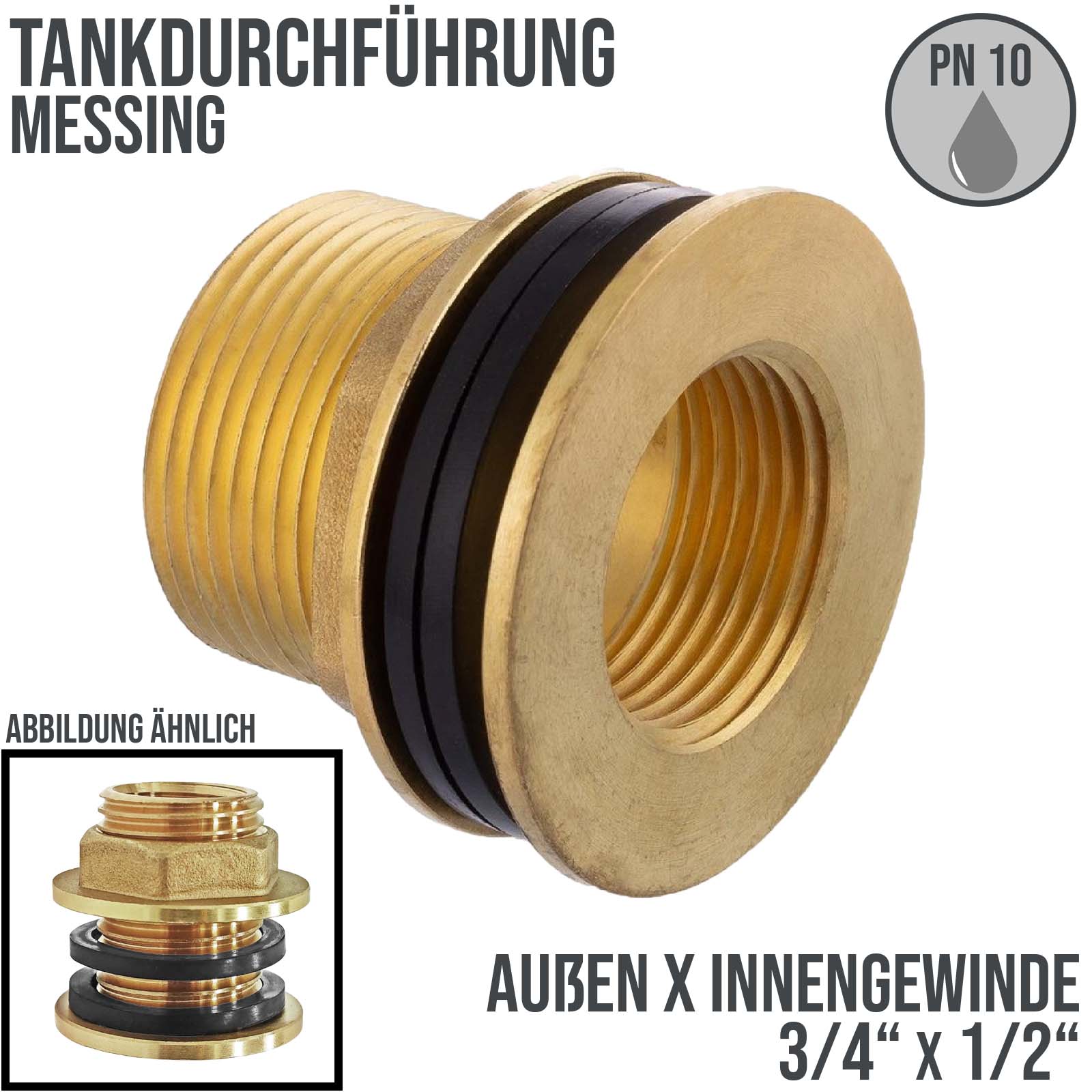 3/4" x 1/2" Tank Regen Tonnen Durchführung Messing Außen x Innengewinde  - PN 10 bar