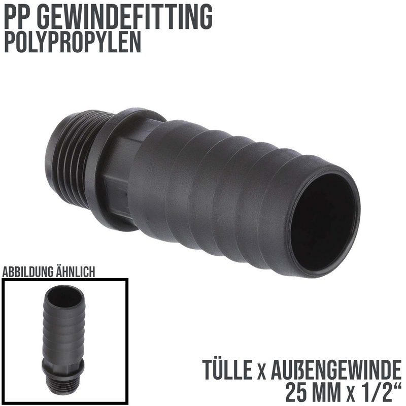 25 mm x 1/2 " PP Gewinde Fitting Schlauch Tülle Stutzen Außengewinde AG - PN 6 bar
