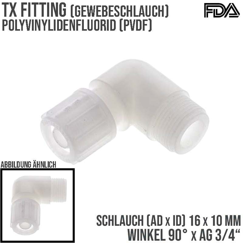 16 x 10 mm x 3/4" Winkel 90° Außengewinde TX Fitting Gewebe Schlauch Verbinder FDA PVDF weiß - PN 10 bar