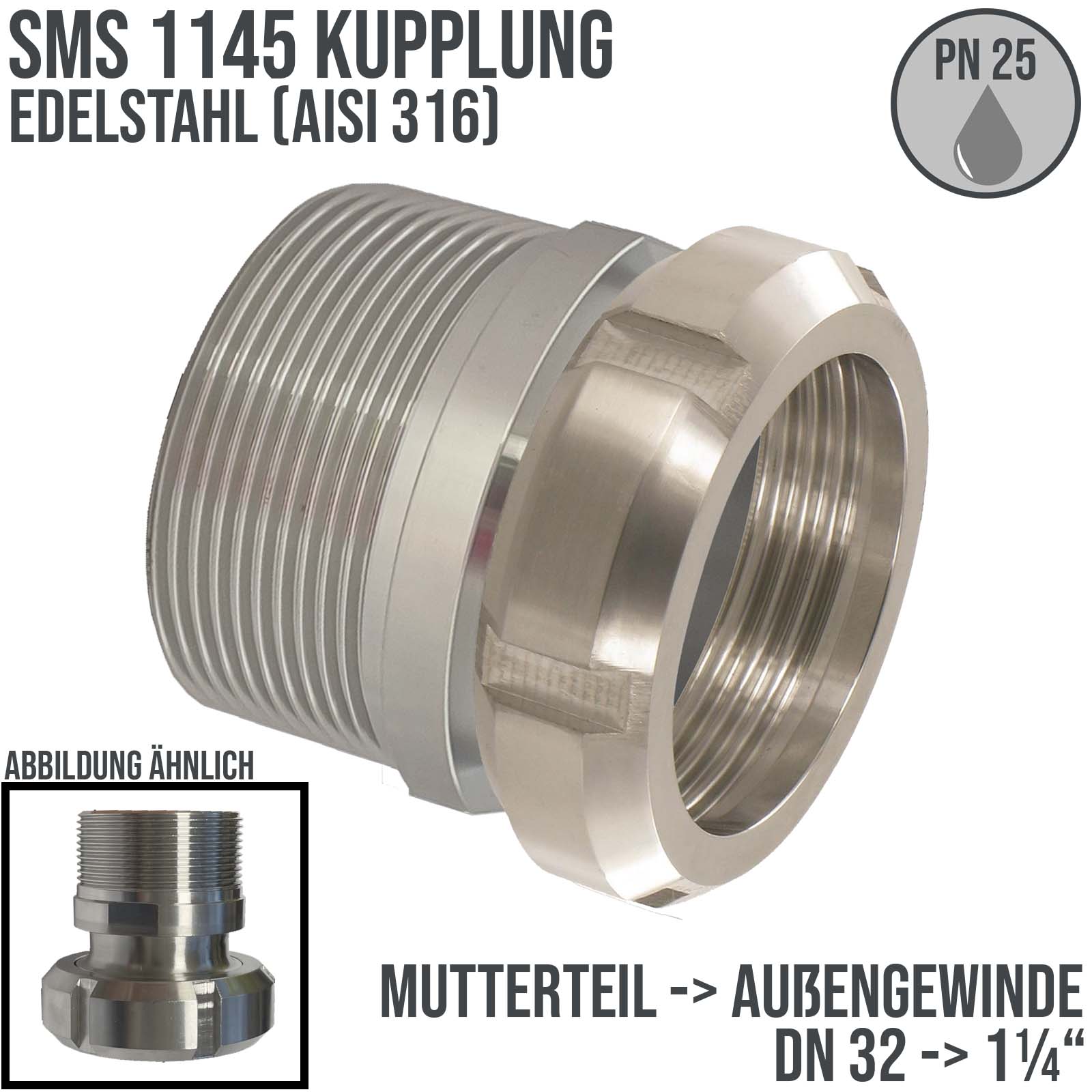 DN 32 SMS Kupplung 1145 Mutterteil MT ÜWM Außengewinde BSPP 1 1/4" Zoll - PN 25 bar