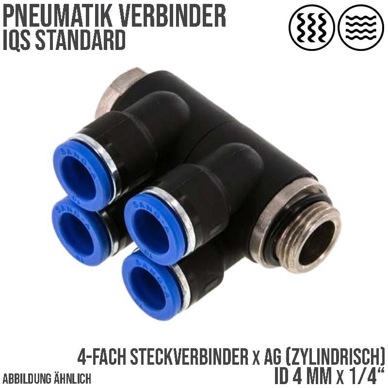 4 mm x 1/4" Pneumatik Steck Verbinder 4-fach Verteiler IQS Außengewinde zylindrisch - PN 20 bar