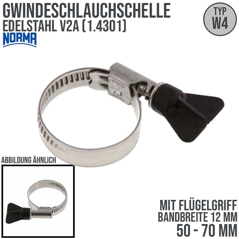 50 - 70 mm NORMA Schlauch Gewinde Rohr Schelle W4 Edelstahl 1.4301 Flügelgriff - Band 12 mm