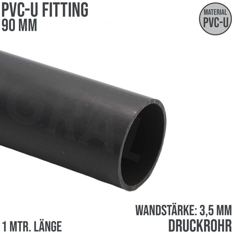 90 x 3,5 mm PVC Klebe Fitting Druck Kunststoff Rohr grau - 1 m Fixlänge - PN 10 bar