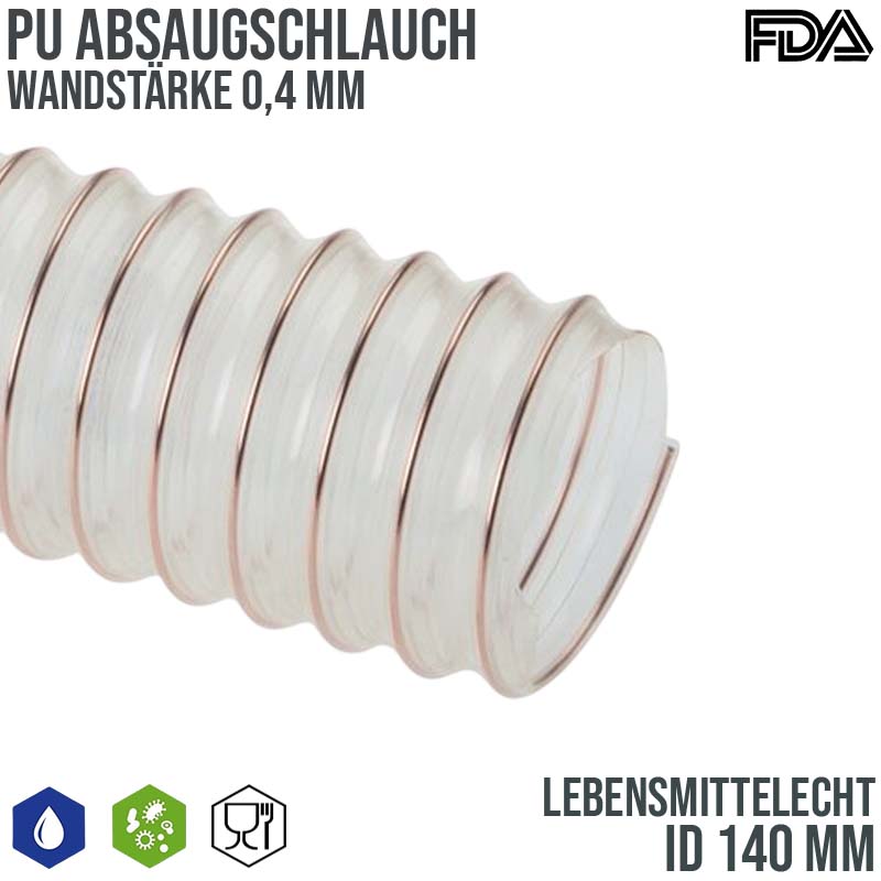 140 mm PU Saug Ansaug Druck Spiral Flex FDA Lebensmittel Schlauch - Wandstärke 0,4 mm  - PN 0,15 bar
