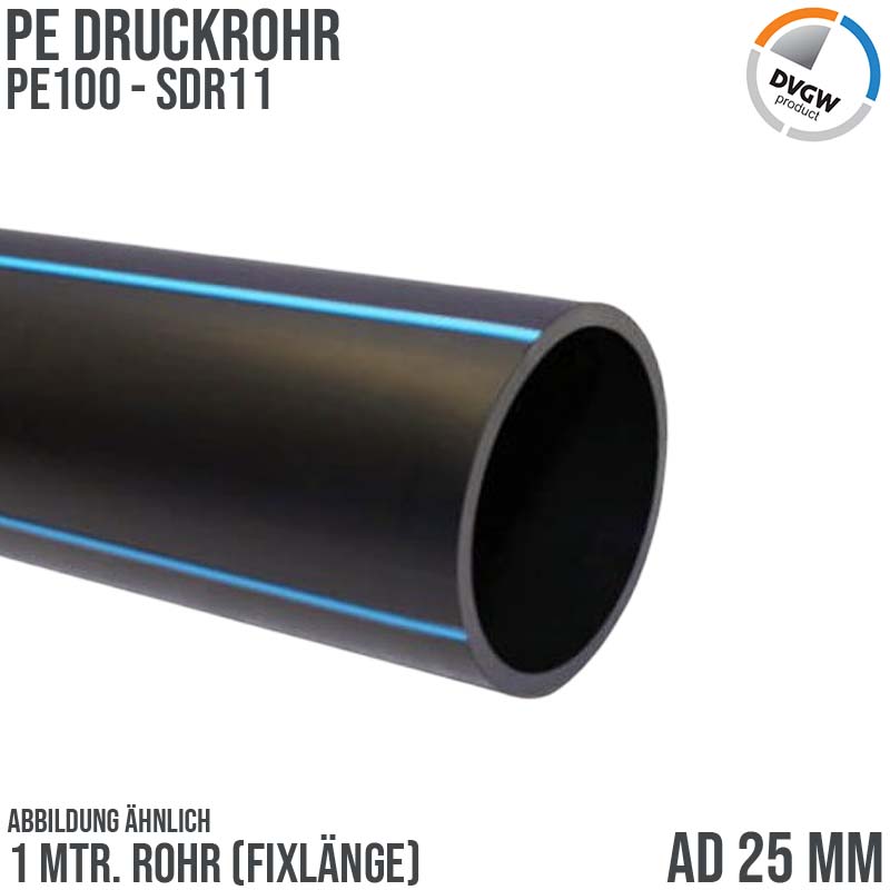 25 x 2,3 mm PE PP Rohr HD Druckrohr Trink Brauch Wasser PE 100 DVGW SDR 11 PN 16 bar - 1 m Fixlänge