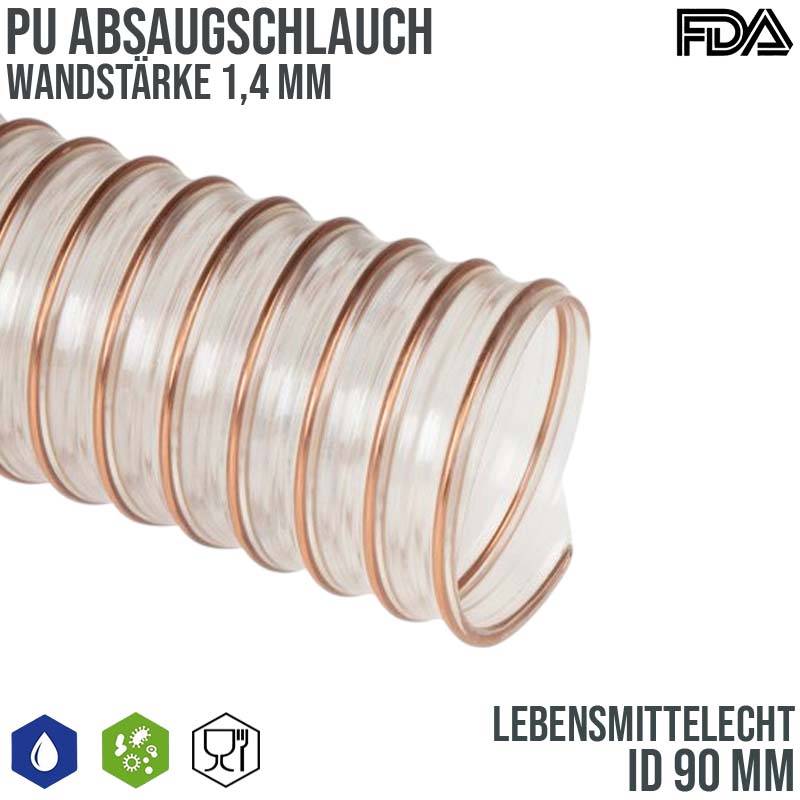 90 mm PU Saug Ansaug Druck Spiral Flex FDA Lebensmittel Schlauch - Wandstärke 1,4 mm - PN 1,45 bar