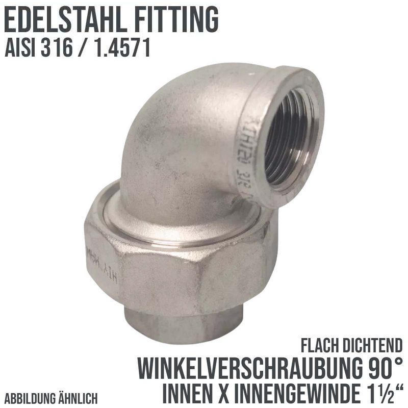 1 1/2" Edelstahl Fitting V4A AISI 316 Winkelverschraubung 90° Innen x Innengewinde IG flach dichtend - PN 16 bar
