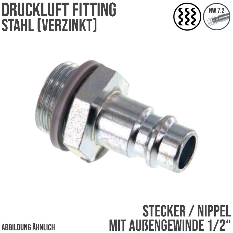 1/2" Druckluft Stecker Nippel Einsteck Anschluss Stahl verzinkt NW 7,2 mit Innengewinde AG - PN 35 bar