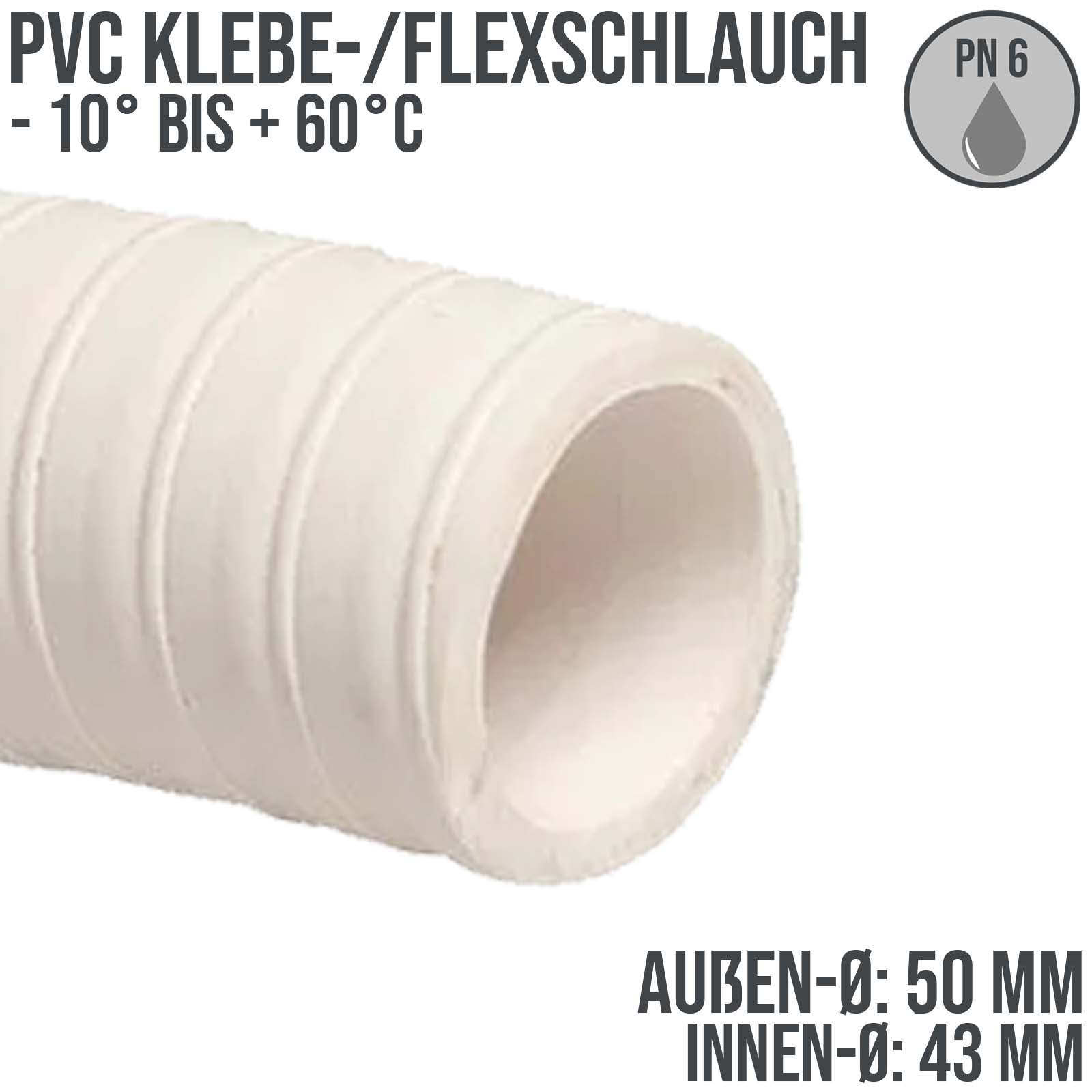 50 x 43 mm PVC Klebe Flex Spiral Spa Schwimmbad Pool Schlauch weiss PN 6 bar