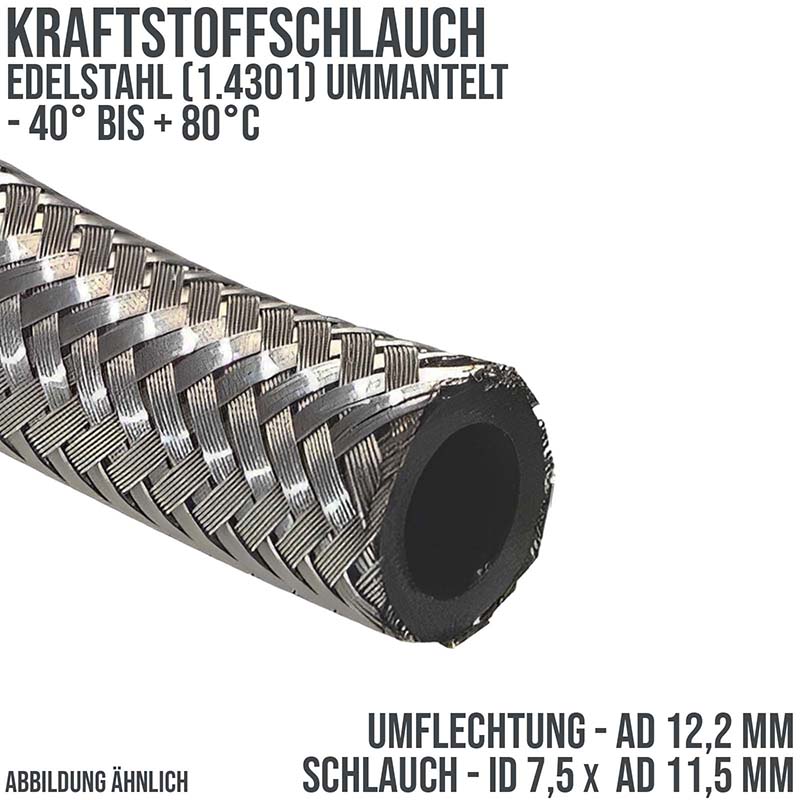 7,5 x 11,5 mm Kraftstoff Silber Benzin Öl Schlauch Edelstahl 1.4301 Draht Umflechtung NBR - PN 20 bar