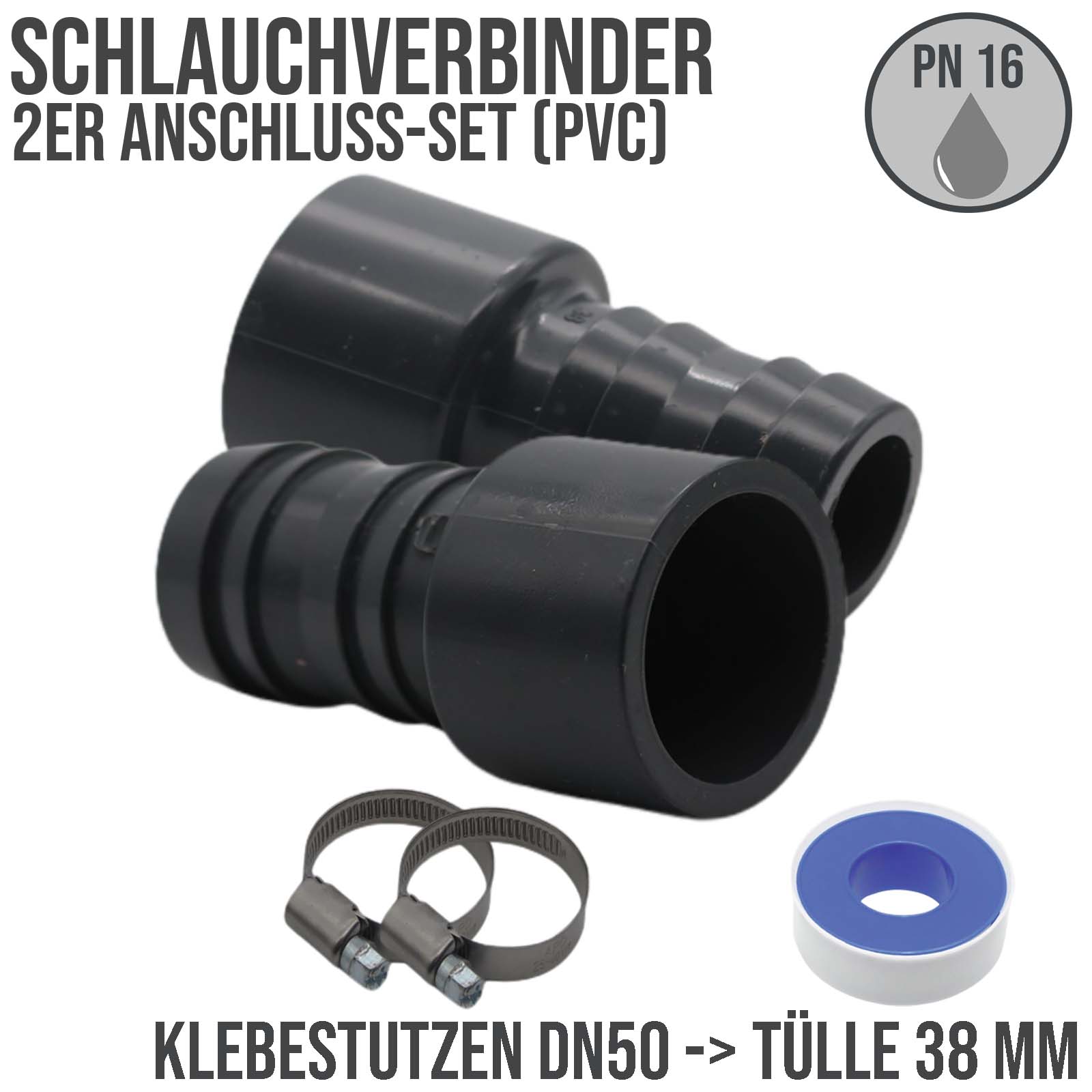 2er Set - PVC-U Schlauchverbinder - Klebetülle DN 50 -> Schlauchtülle 38 mm. Maximaler Betriebsdruck PN 16 bar.