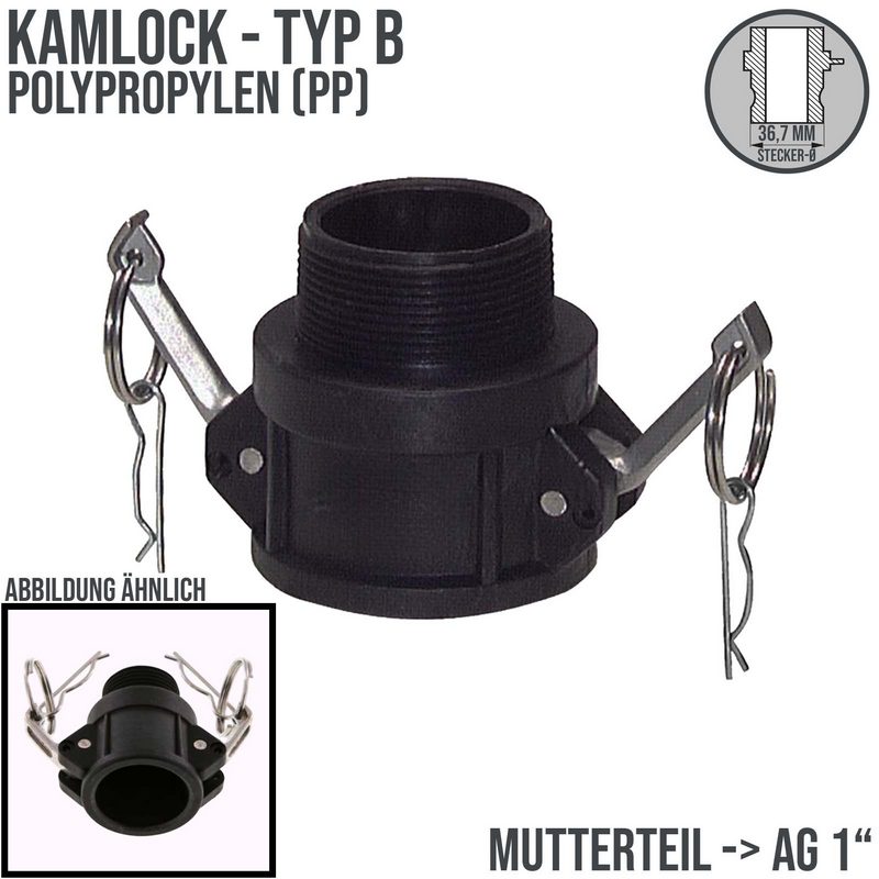 Kamlock Typ B - Mutterteil (36,7 mm) Polypropylen PP mit Außengewinde (AG) 1" Zoll DN25  - PN 8,5 bar