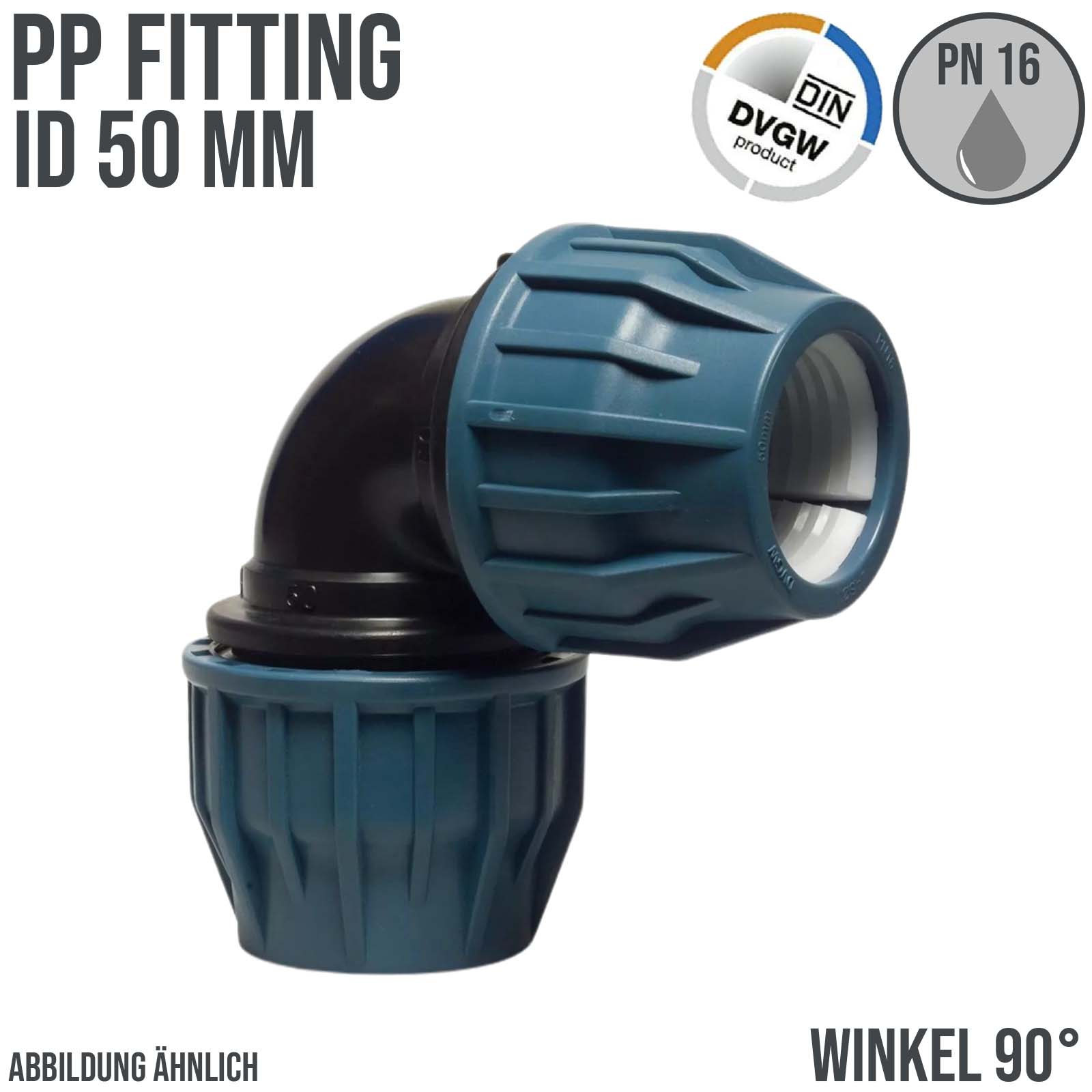 50 mm PE PP Fitting Klemm Verbinder Verschraubung Muffe Rohr Winkel 90° DVGW - PN 16 bar
