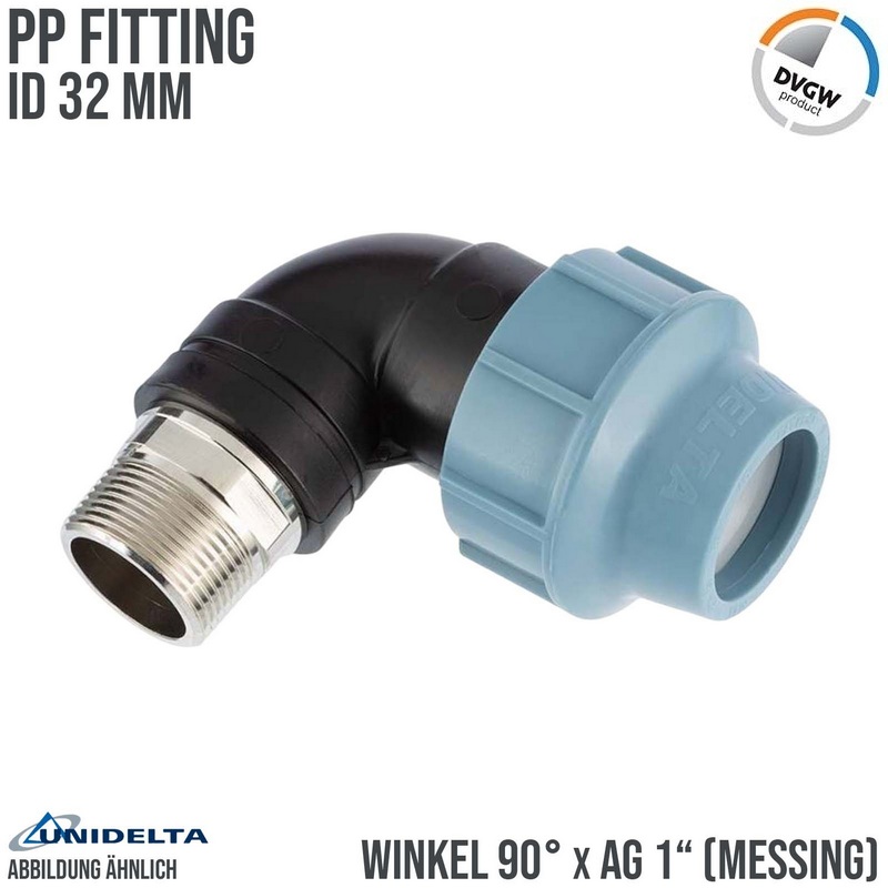 32 mm x 1" PE PP Fitting Klemm Verbinder Rohr Winkel 90° x Messing AG DVGW - Unidelta