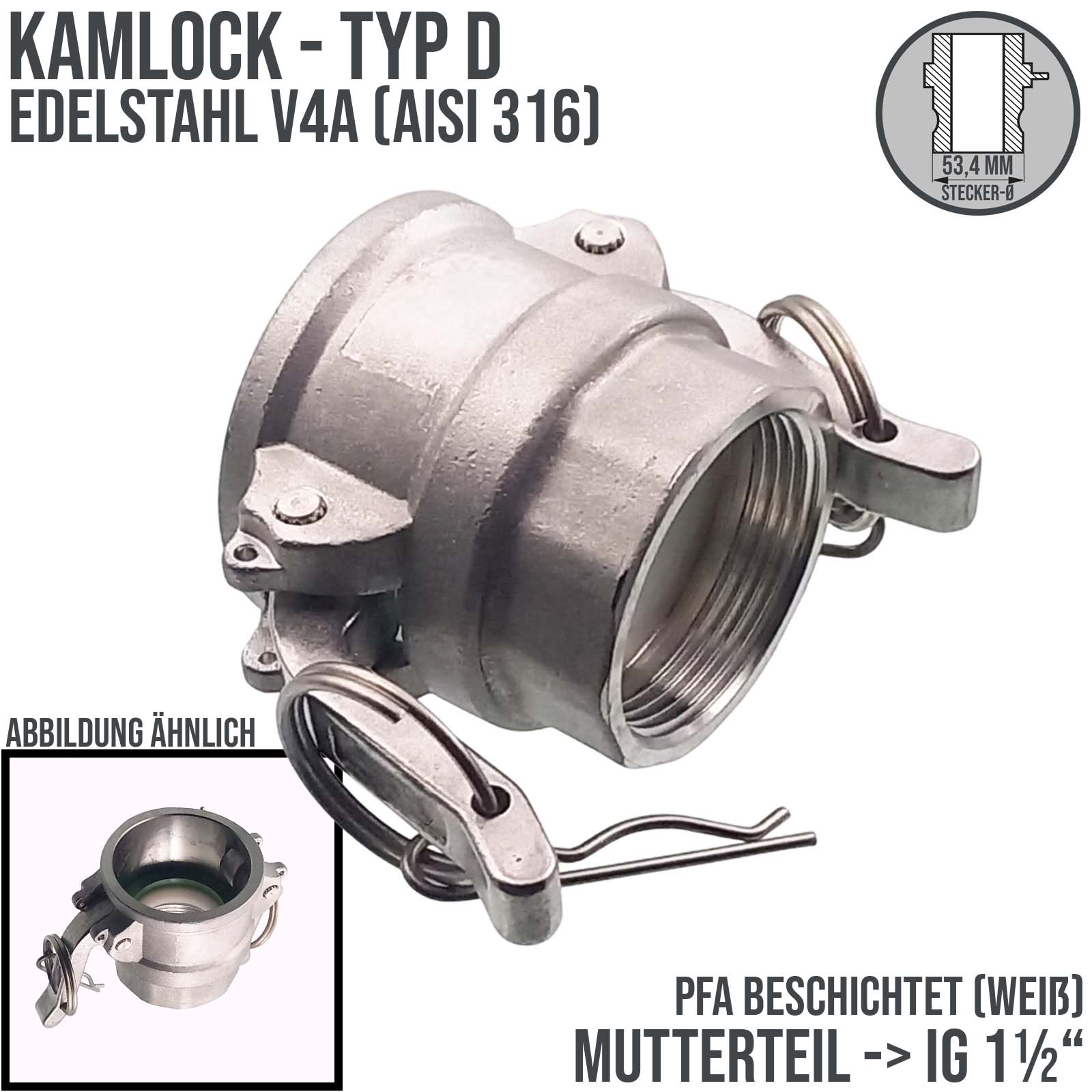 Kamlock Typ D - Mutterteil Edelstahl V4A (AISI 316) mit Innengewinde (IG) für Stecker 53,4 mm - 1 1/2" Zoll DN 38 PFA beschichtet - PN 25 bar