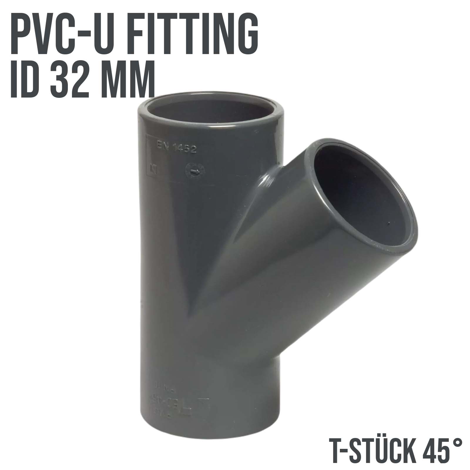 32 mm PVC Klebe Fitting T-Stück 45° Winkel Muffe Verbinder - PN 16 bar