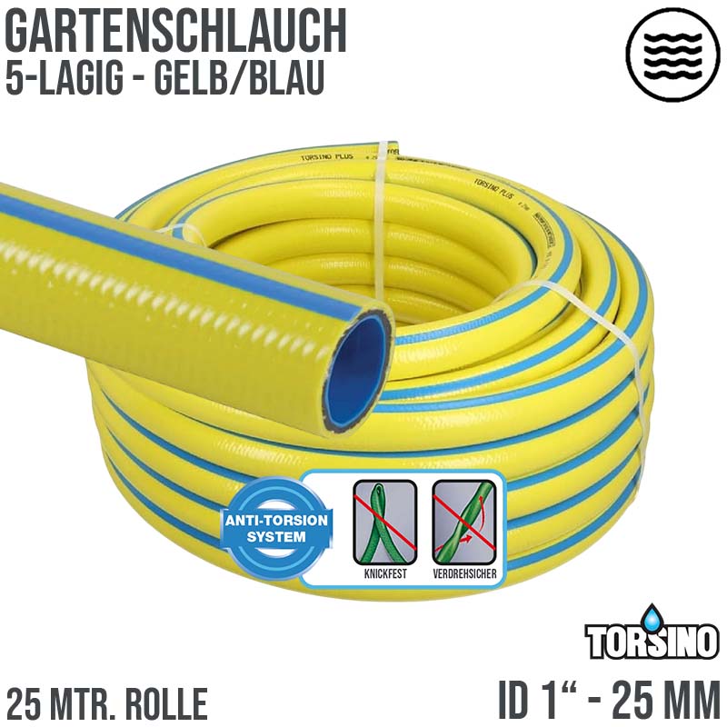 25 mm 1" Zoll 5-lagiger Garten Wasser Bewässerung Schlauch gelb Torsiono Plus PN 8 bar - 25m