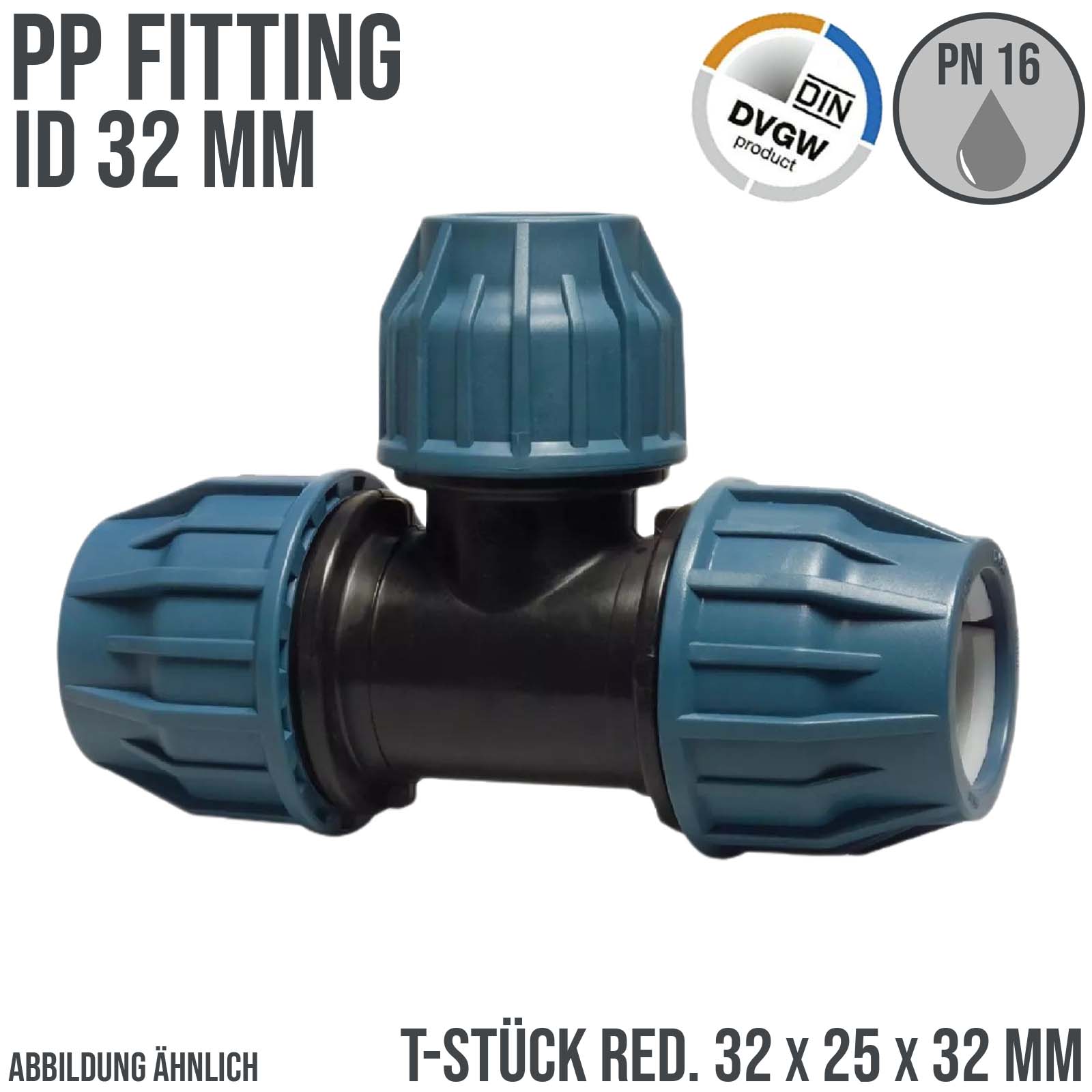32 x 25 x 32 mm PE PP Fitting Klemm Verbinder Verschraubung Muffe reduziert T-Stück 90° DVGW - PN 16 bar