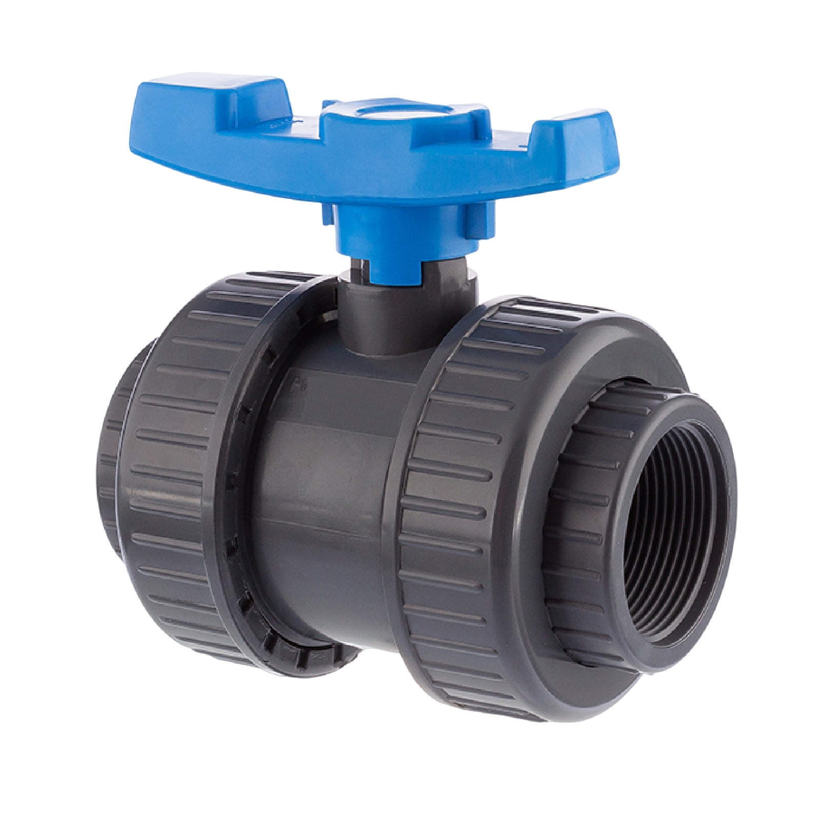 1 1/4" PVC Kugel Absperr Hahn Ventill beitseitiges Innengewinde PN 10 bar - blauer Griff