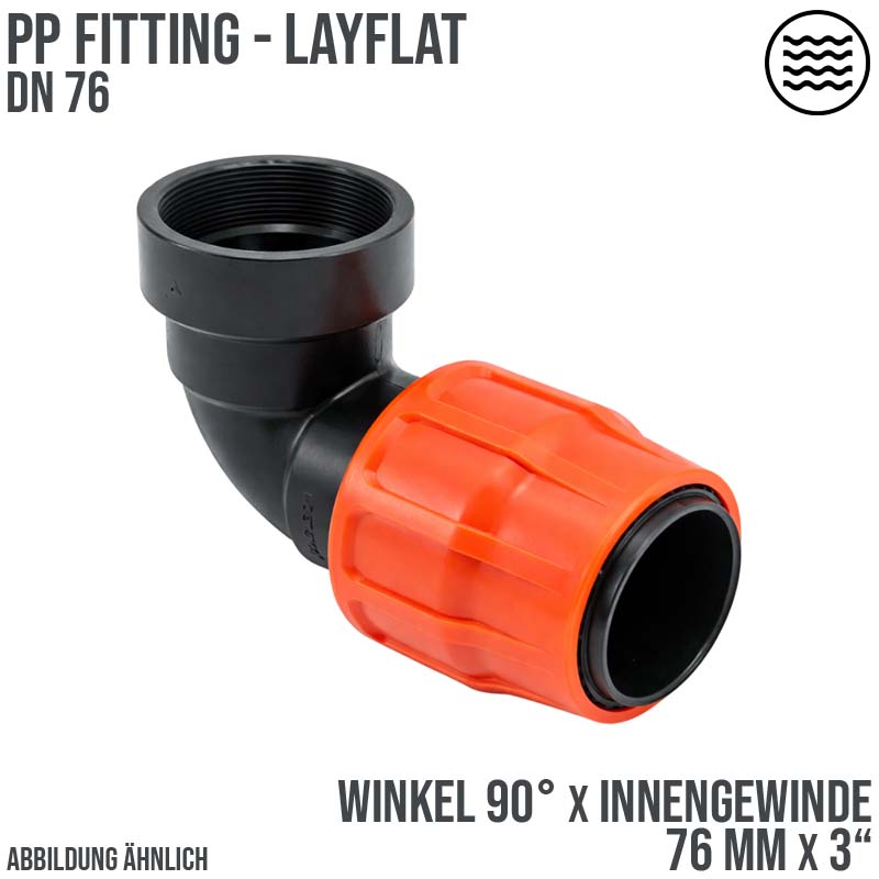 76 mm x 3" PE PP Fitting Layflat Klemm Verbinder Winkel 90° x Innengewinde IG Flach Schlauch - PN 6 bar