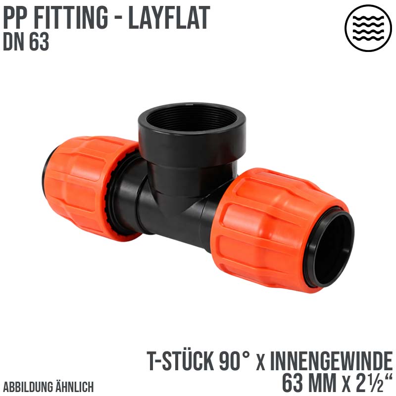 63 mm x 2 1/2" PE PP Fitting Layflat Klemm Verbinder T-Stück 90° x Innengewinde IG Flach Schlauch - PN 10 bar
