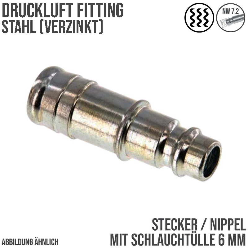 6 mm Druckluft Stecker Nippel Einsteck Schlauch Tülle Stahl verzinkt NW 7,2 LW - PN 35 bar