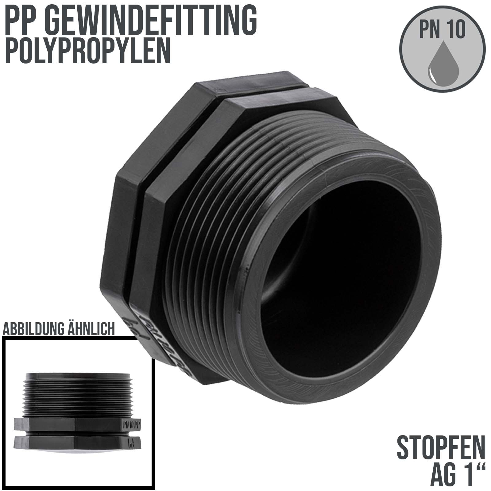 1" PP Gewinde Fitting End Stopen schwarz Außengewinde IG Polypropylen - PN 10 bar