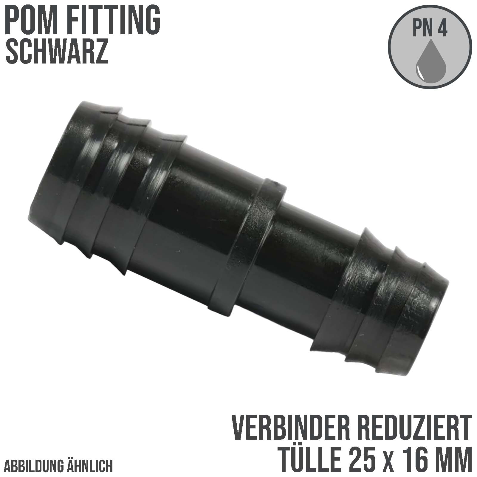 25 x 16 mm POM Schlauch Verbinder Reduziert Stutzen Tülle Kupplung Tropf Fitting schwarz PN 4 bar