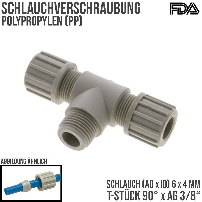 6 x 4 mm x 3/8" T-Stück 90° Kupplung Aussengewinde PA PP Schlauch Verbinder FDA - PN 10 bar