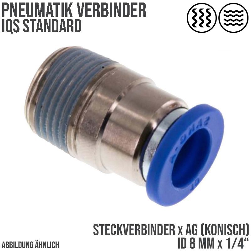 8 mm x 1/4" Pneumatik Steck Verbinder rund IQS Außengewinde konisch - PN 20 bar
