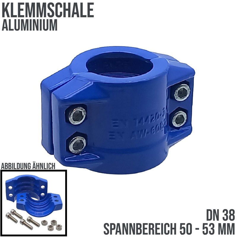 DN 38 Klemmschale Aluminium blau Spannbereich 50 - 53 mm für Schlauch ID x AD 38 x 51 mm - PN 25 bar