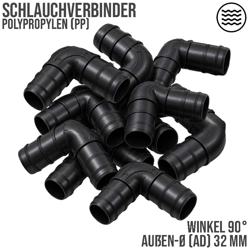 32 mm Winkel 90° PP Schlauch Tülle Stutzen Verbinder Pool Schlauch schwarz PN 4 bar - 10 Stück