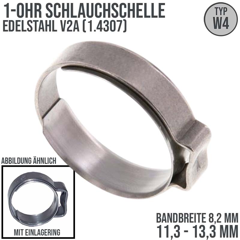 11,3 - 13,3 mm 1-Ohr Doppel Schlauch Schelle Einlagering Edelstahl 1.4307 W4 - Bandbreite 8,2 mm