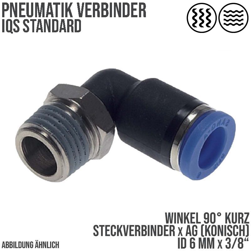 6 mm x 3/8" Pneumatik Steck Verbinder Winkel 90° kurz IQS Außengewinde konisch - PN 20 bar