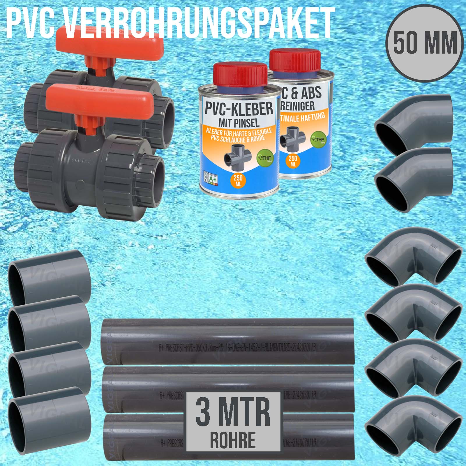 50 mm PVC Klebe Fittings Verrohrungspaket Pool Schwimmbad Schlauch Rohr FEST - 3 m - rot