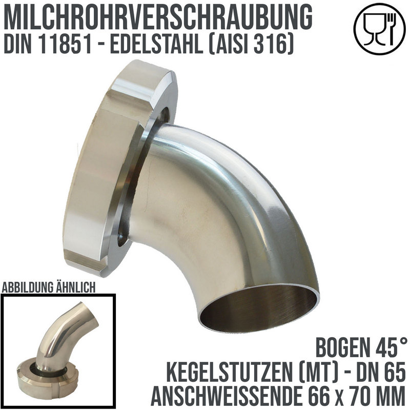 DN 65 Milchrohr Verschraubung DIN 11851 Mutterteil 45° Bogen Kegel Stutzen ÜWM Anschweißende ID x AD 66 x 70 mm - PN 25 bar