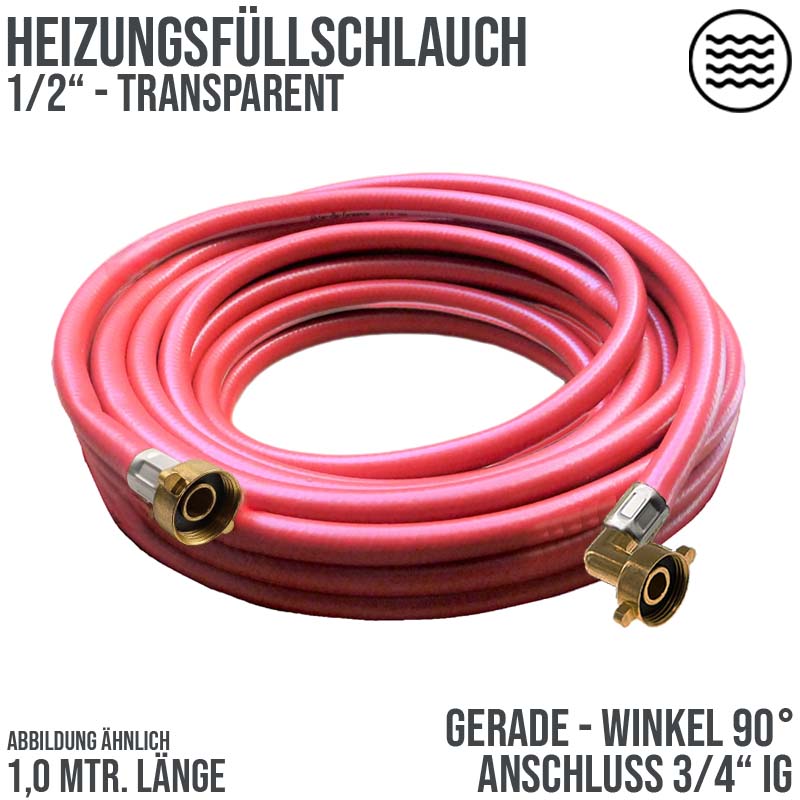 1,0 m Heizungs Füll Wasser Heizkörper Radiator Sanitär Schlauch rot - 3/4" Gerade/Winkel Anschluss - PN 8 bar