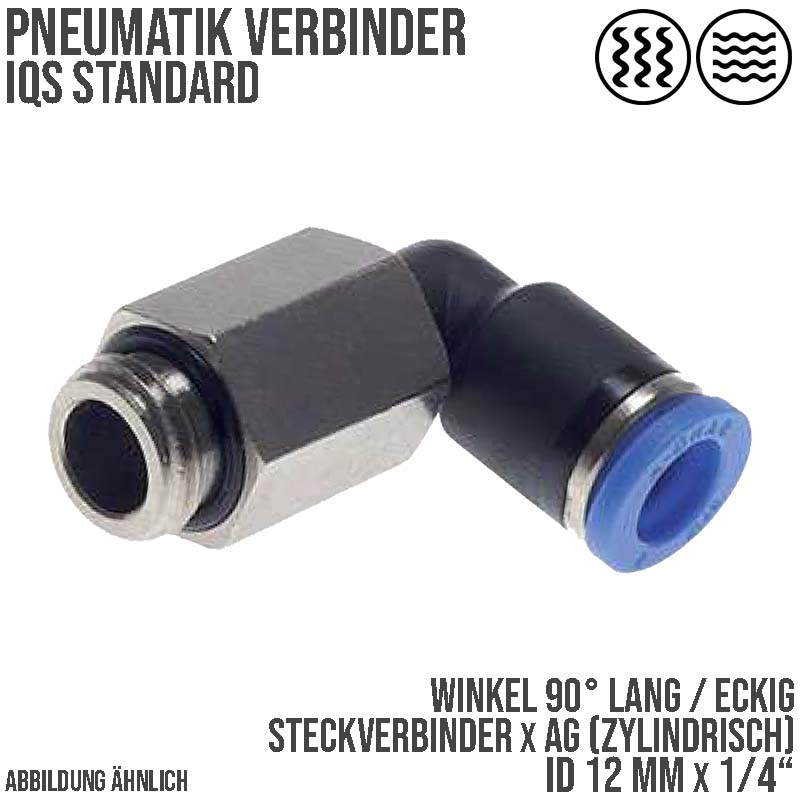 12 mm x 1/4" Pneumatik Steck Verbinder Winkel 90° lang IQS Außengewinde zylindrisch - PN 20 bar