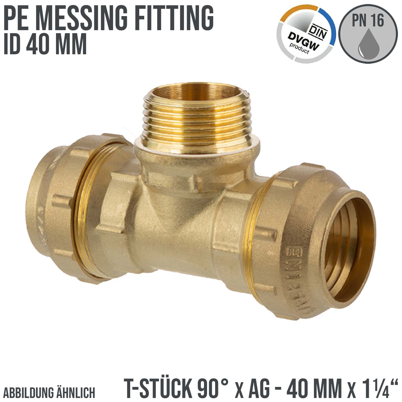 40 mm x 1 1/4" PE Fitting Klemm Verbinder Messing Verschraubung Muffe T-Stück 90° x AG DVGW - PN 16 bar