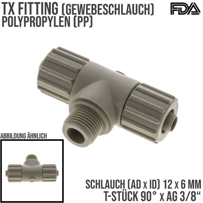 12 x 6 mm x 3/8" T-Stück 90° Außengewinde TX Fitting Gewebe Schlauch Verbinder FDA PP beige - PN 10 bar